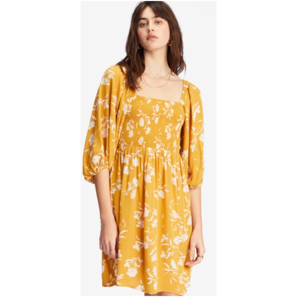 BILLABONG Paradise Days Mustard Pink Square Neck Mini Dress